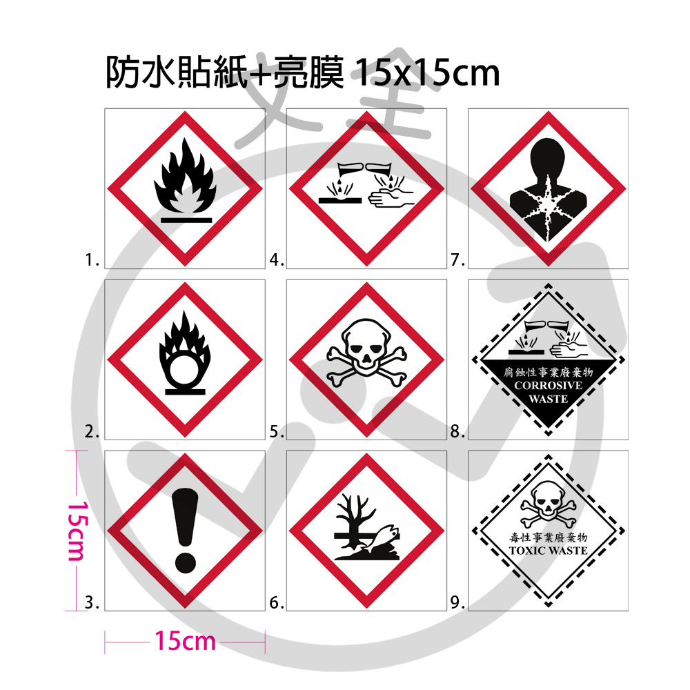 危險貼紙 -易燃性/氧化性/驚嘆號/腐蝕性/毒物/環境汙染/健康危害/腐蝕性事業/毒性事業